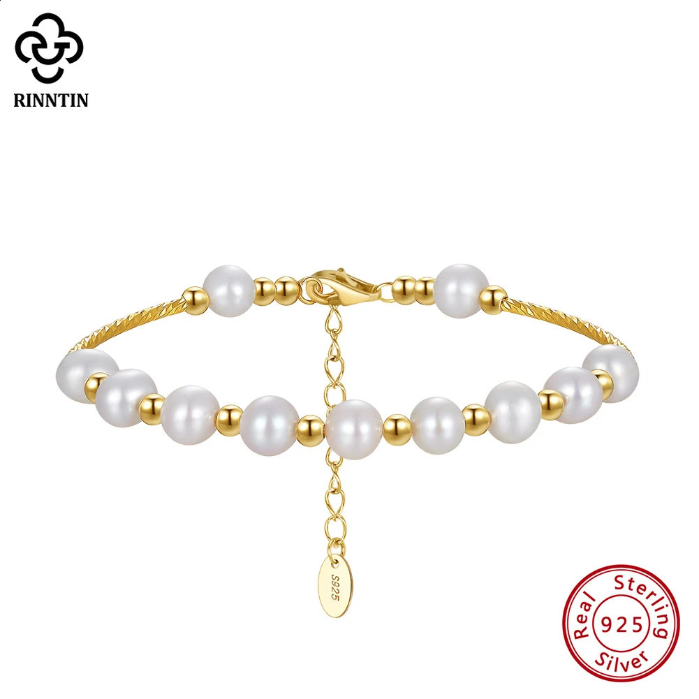 Rinntin Sexy Minimalism 14K Gold White Pearl Charm Bracelet Chain for Women Beads Hand Bangle Chain 925 Sterling Silver GPB31 260625 - view 1
