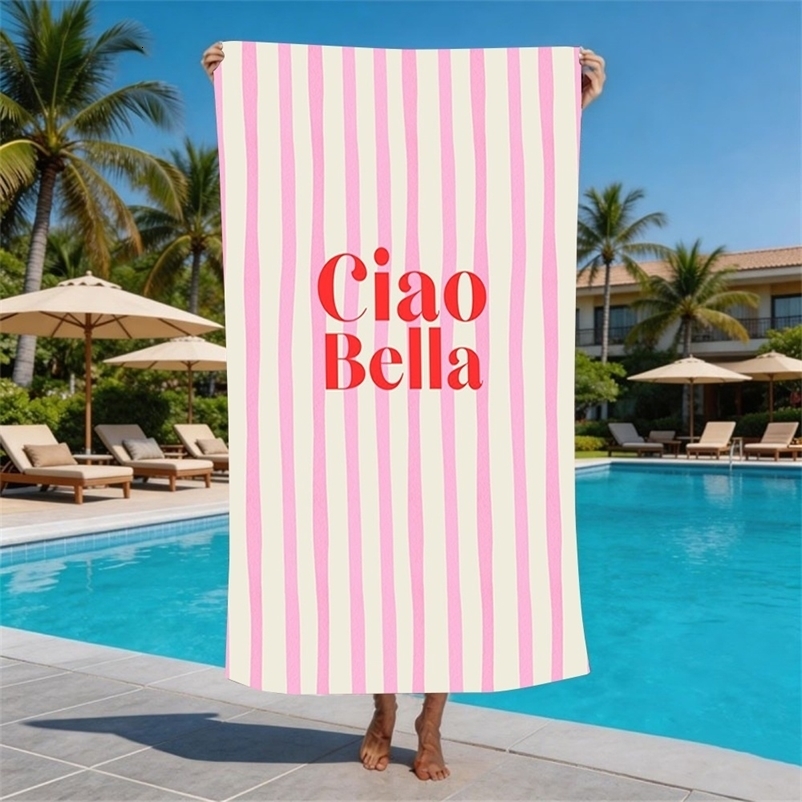 Striped Ciao Bella Print Beach Towel Italian Phrase n Towel for Men and Women Ideal for Summer Beach Trips Activities 260622CJ