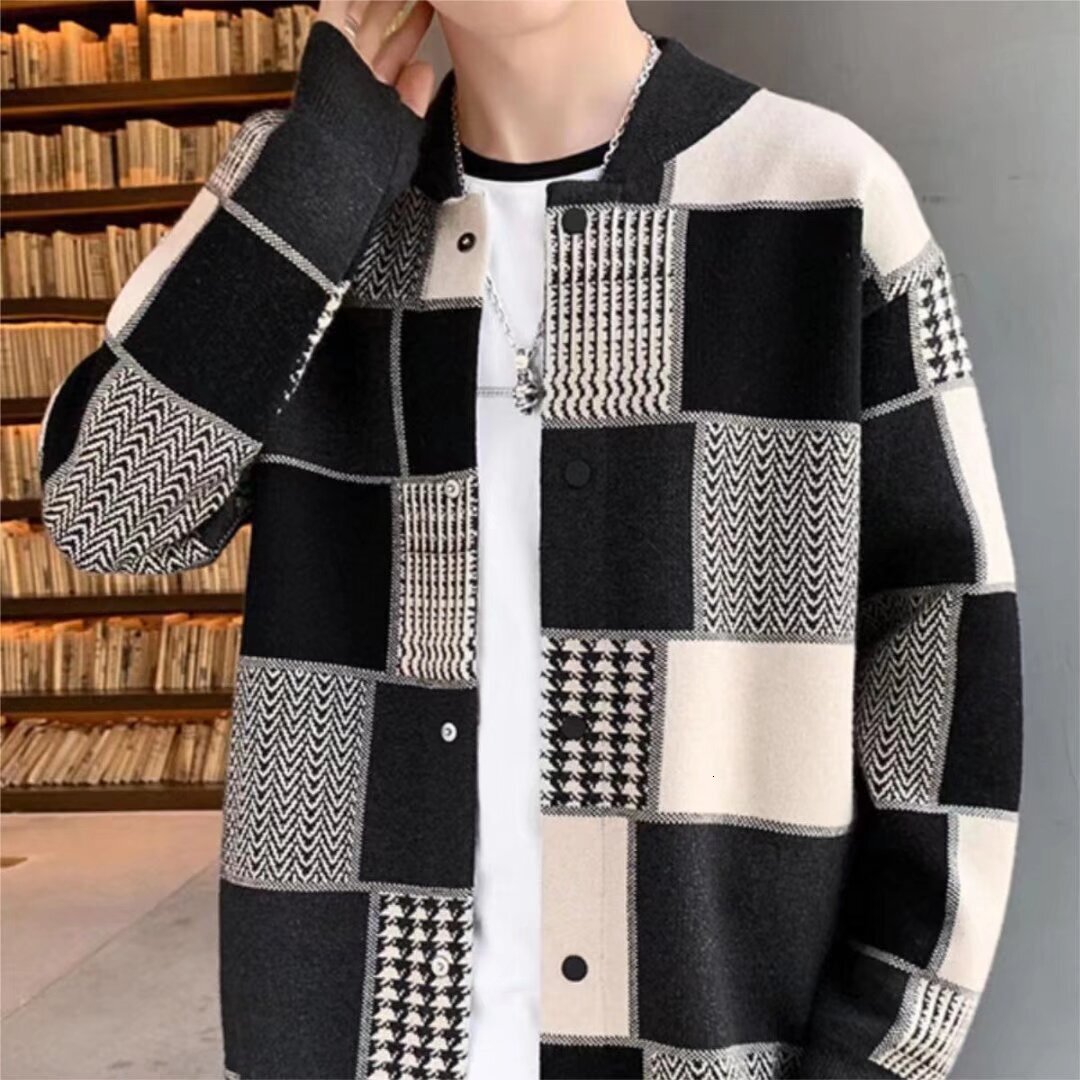 Plaid Knit Cardigan New Men's Japanese Style Trendy Loose Baseball Collar Casual Versatile Sweater - view 4