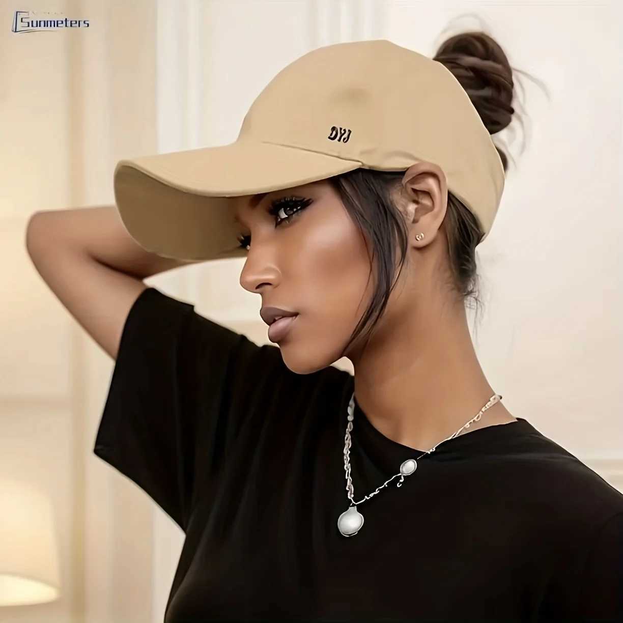 baseball Womens casual Ponytail hat with open top letter embroidery on the front of the hat opening design at the M260626 - view 3