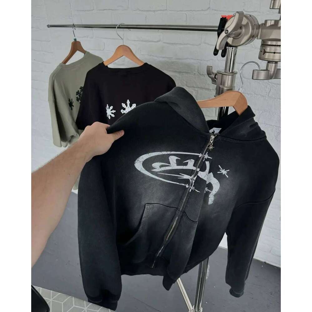 Fashion Vintage Print Zip Up Hoodie Y2k New Harajuku Hip Hop Long Sleeve Coats Loose Hooded Sweatshirt Men and Women Streetwear W260626