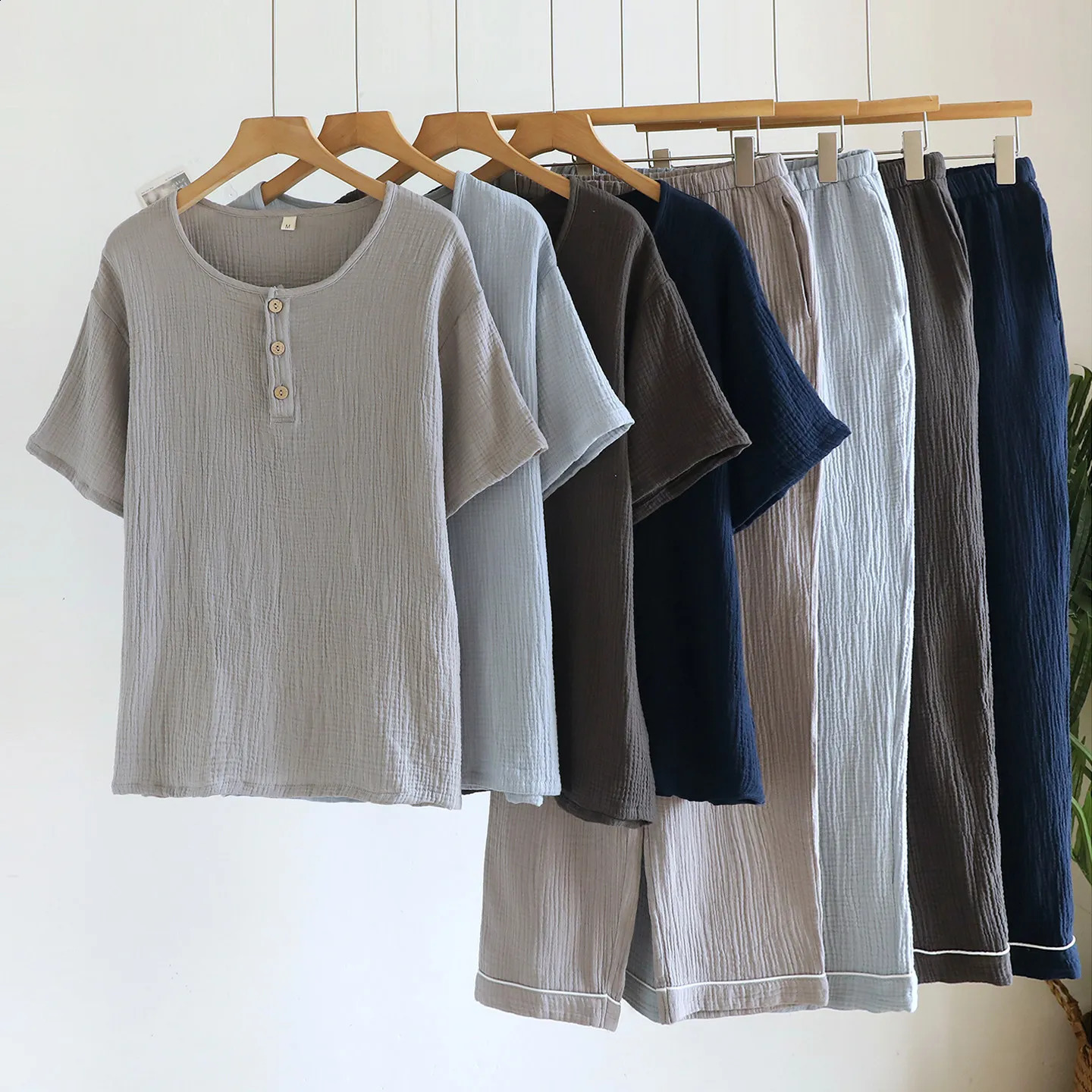 Cotton Mens Pajamas Set Summer Up Button Round Neck Short Sleeved Long Pants Casual Home Clothes for 260615 - view 3