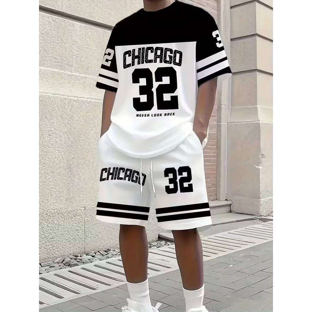 Summer Men's Casual Chicago NO.32 Print Sleeve T-Shirt & Round Neck Short Sleeved Women's T-shirt Shorts Set 26Y0626