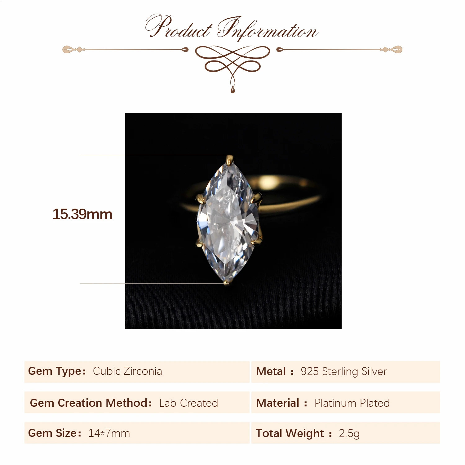 Potiy Vintage 9ct 5A Marquise Shape Cubic Zirconia Solitaire Engagement Ring For Women 925 Sterling Silver 14K Yellow Gold 260625 - view 3