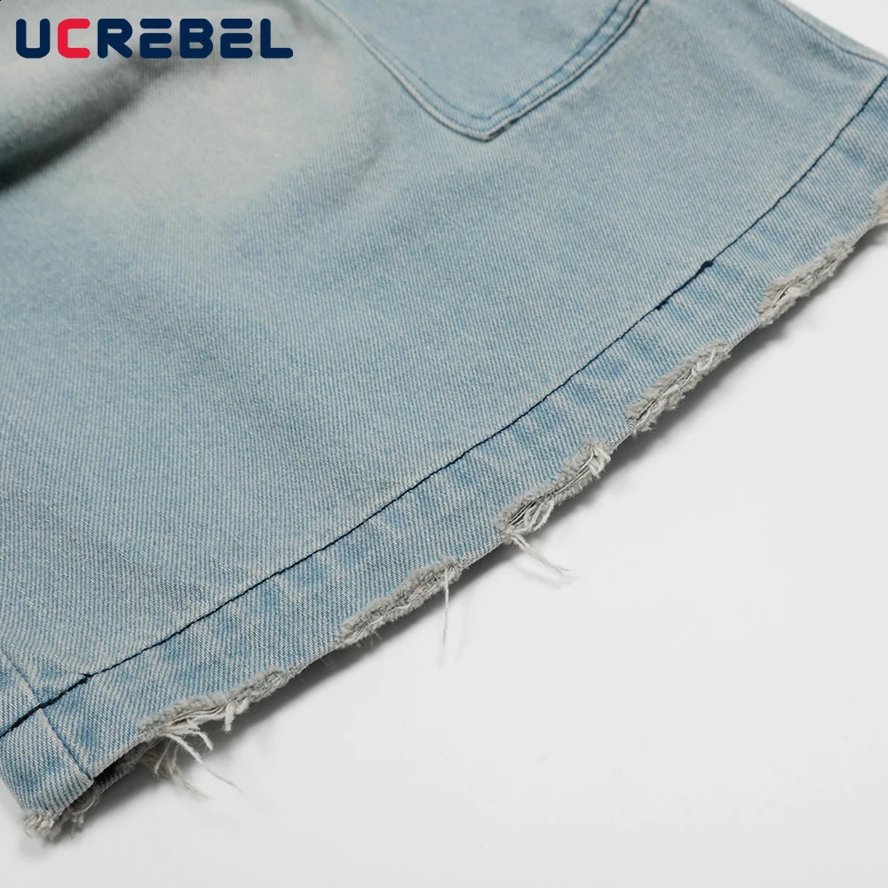 Pocket Pleated Denim Shorts Mens Washed Distressed Summer Retro High Street Loose Wide Leg Short Pants Men 260625 - view 7