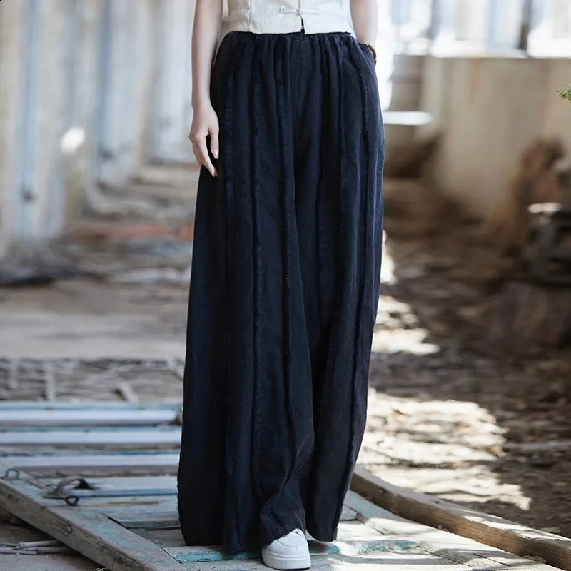 Johnature Women Vintage Cotton Linen Wide Leg Pants Elastic Waist Patchwork Pockets Spring Solid Color Long 260625 - view 4