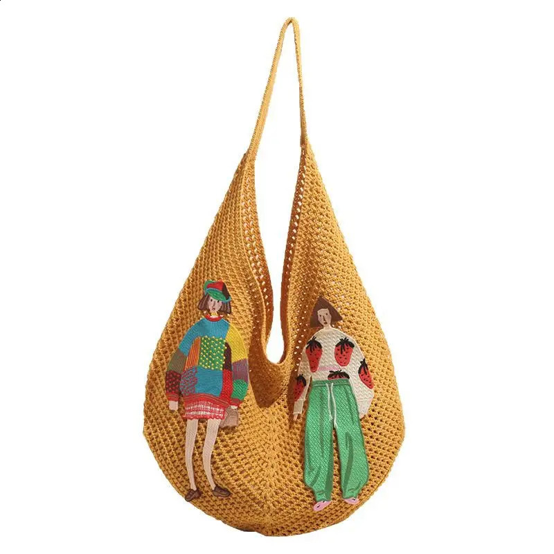 Hollow Mesh Knitted Shoulder Bag Beach Vacation Slouchy Chic Cartoon Tote Bag Lightweight Laid-Back Casual Woven Women Handbag 260626