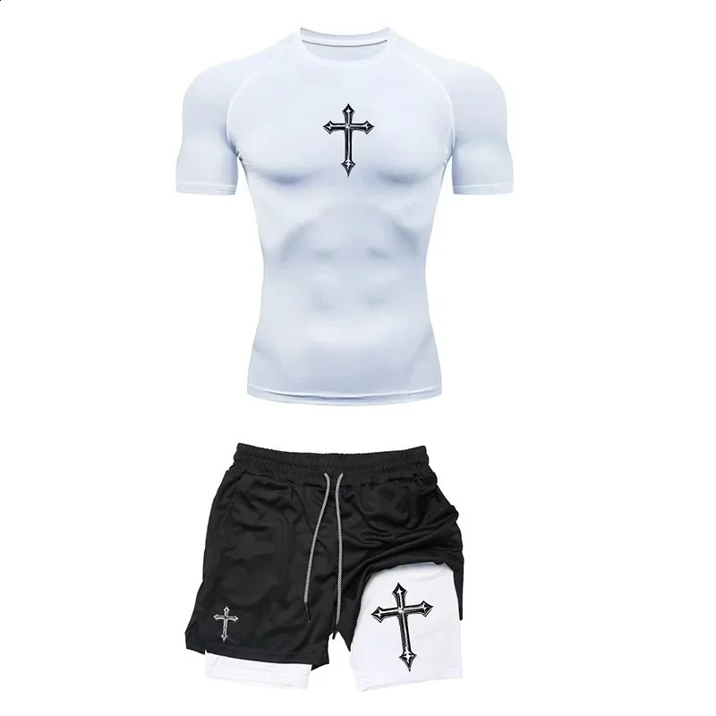 Fashionable printed breathable compression sportswear mens training twopiece set tight Tshirt shorts gym workout 260615 - view 5