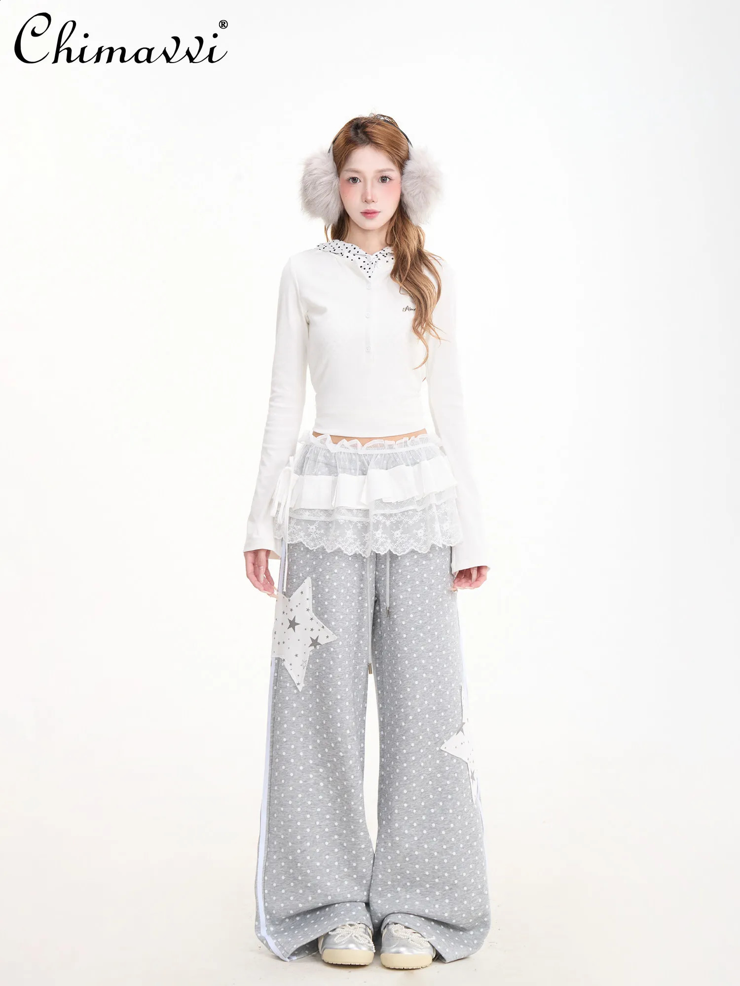 Japanese Fashion Cute Polka Dot Allover Printed Star Patch Sweatpants Women Summer Retro Straightleg Draped Casual Pants 260625 - view 4