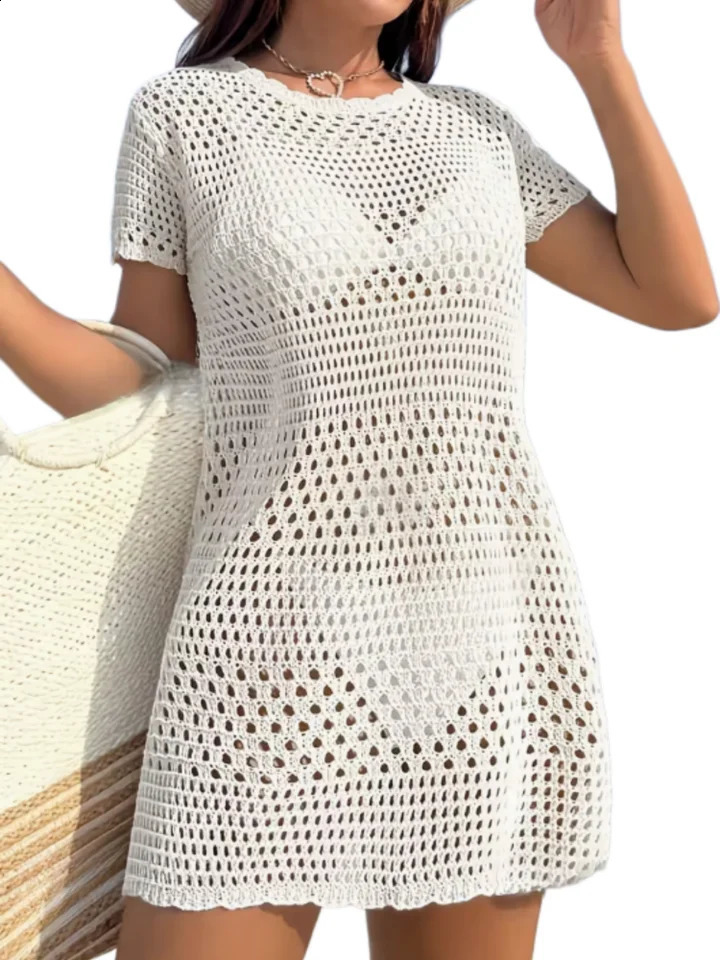 2026 European and American PlusSize Womens Spring Summer Vacation Style Beach Shirt CoverUp Sexy HollowOut Pullover Knit Dress for Women 260625