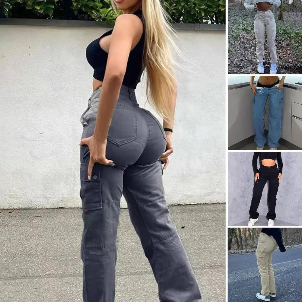 Zipper Button Placket Pants Stylish Womens High Waist Cargo with Multiple Pockets Soft Fabric Buttlifting for Ladies 260625 - view 7