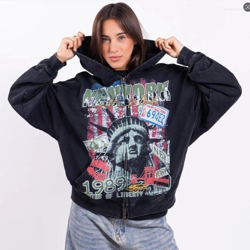 Women's Hoodies American Trendy High Street Retro Washed Vintage Printed Zip-Up Hoodie Loose Long-Sleeve Cardigan Sweatshirt - view 5