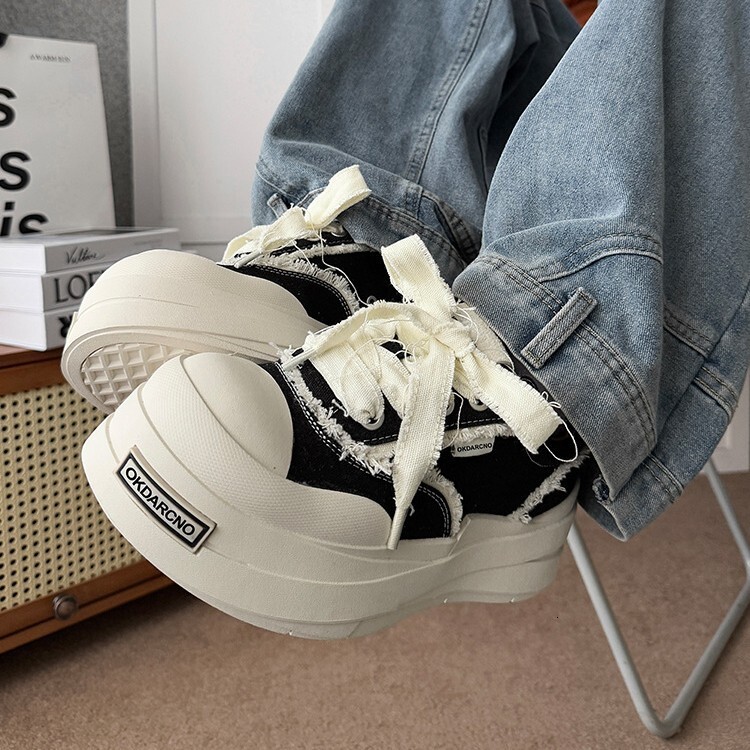 New Vintage Fringed Canvas Platform Shoes for Men Wavy Thick Sole Raw Frayed Edge Lace Up Streetwear Walking Sneakers - view 4