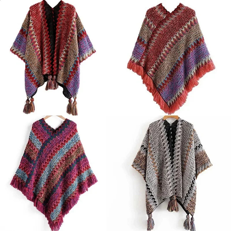 Poncho Cloak Ethnic Shawl Pullover Tassel Cardigan Color Travel Po Casual Women Knitted Cape Lady Coat Colorful Free Size 260625 - view 1