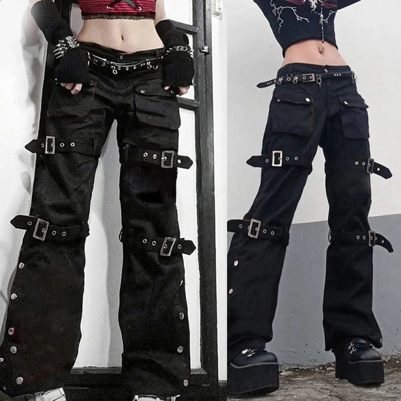 trend Women Black Cargo Jeans with Multi Pockets Metal Buckle Belt Straight Trousers 260625 - view 5
