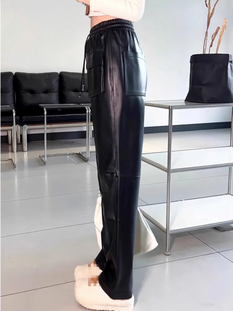 Fashion Women Genuine Leather Sheepskin Pants Spring Autumn High Waist Straight Trousers Street Casual Cargo Female 260625 - view 6