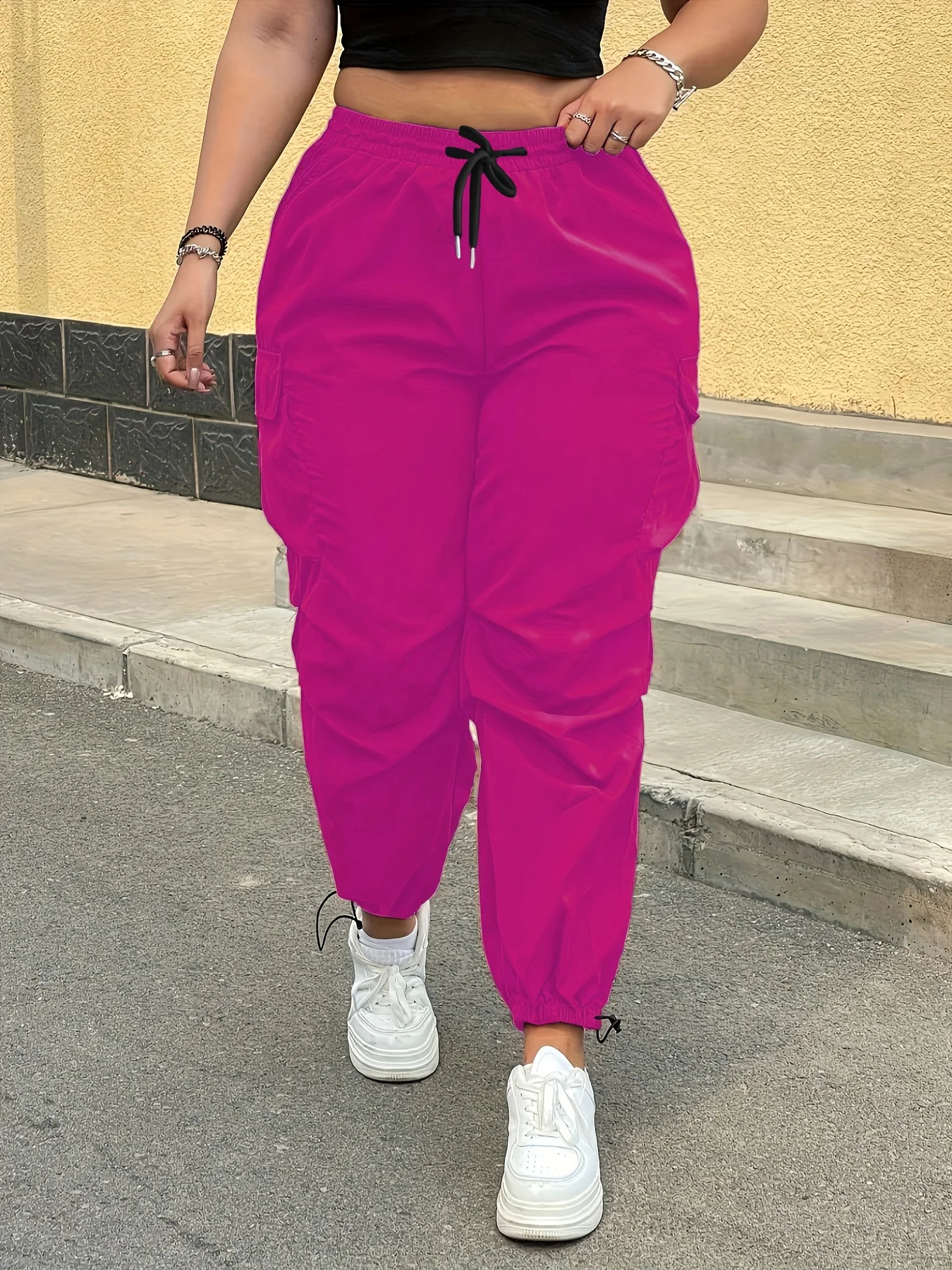 Womens Casual Streetwear Pink Cargo Pants Loose Drawstring Waist Jogger Trousers Plus Size Trendy Spring Summer Fashionable 260625
