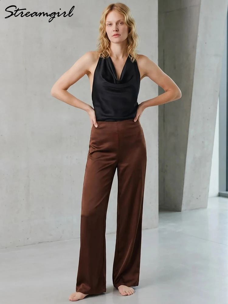 Streamgirl Summer Satin Pants For Women Wide Leg Beige Silk Trousers Long Straight y Elegant 260625 - view 5