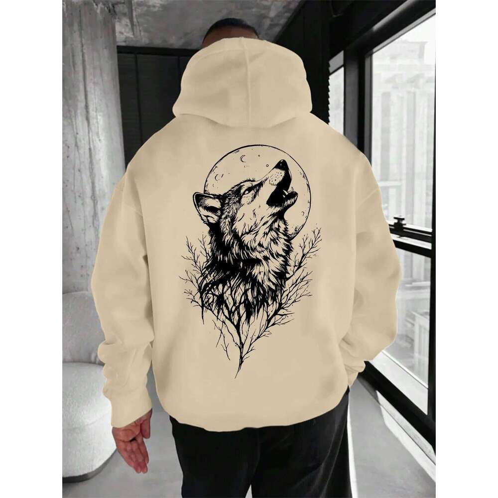 Men's "wolf" pattern printed sweatshirt, drawstring kangaroo pocket, comfortable, casual and fashionable hooded pullover W260626 - view 4