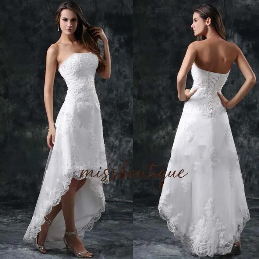 2021 Summer Beach Hi Lo Full A Line Wedding Dresses Strapless Appliques Short Formal Lace Up Back Vestidos Bridal Gowns Q626