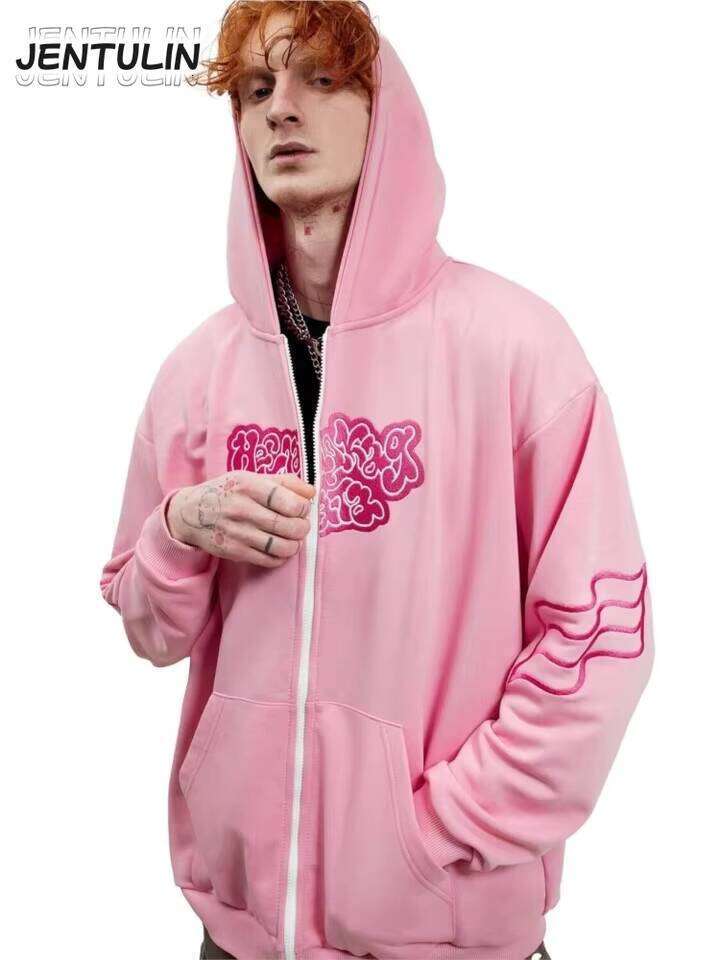 Y2K Retro zip up Hoodie Men Embroidery Pink Zipper Sweatshirt Cartoon Hiphop Streetwear Oversize Korean Graphic Jacket Goth W260626 - view 7
