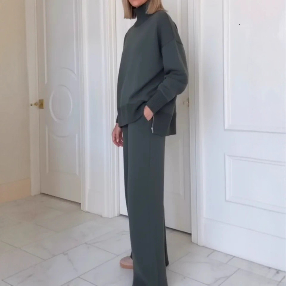 Cross-border independent site European American foreign trade Amazon new loose-fitting solid color stylish sweatshirt and wide-leg pants two-piece set - view 3