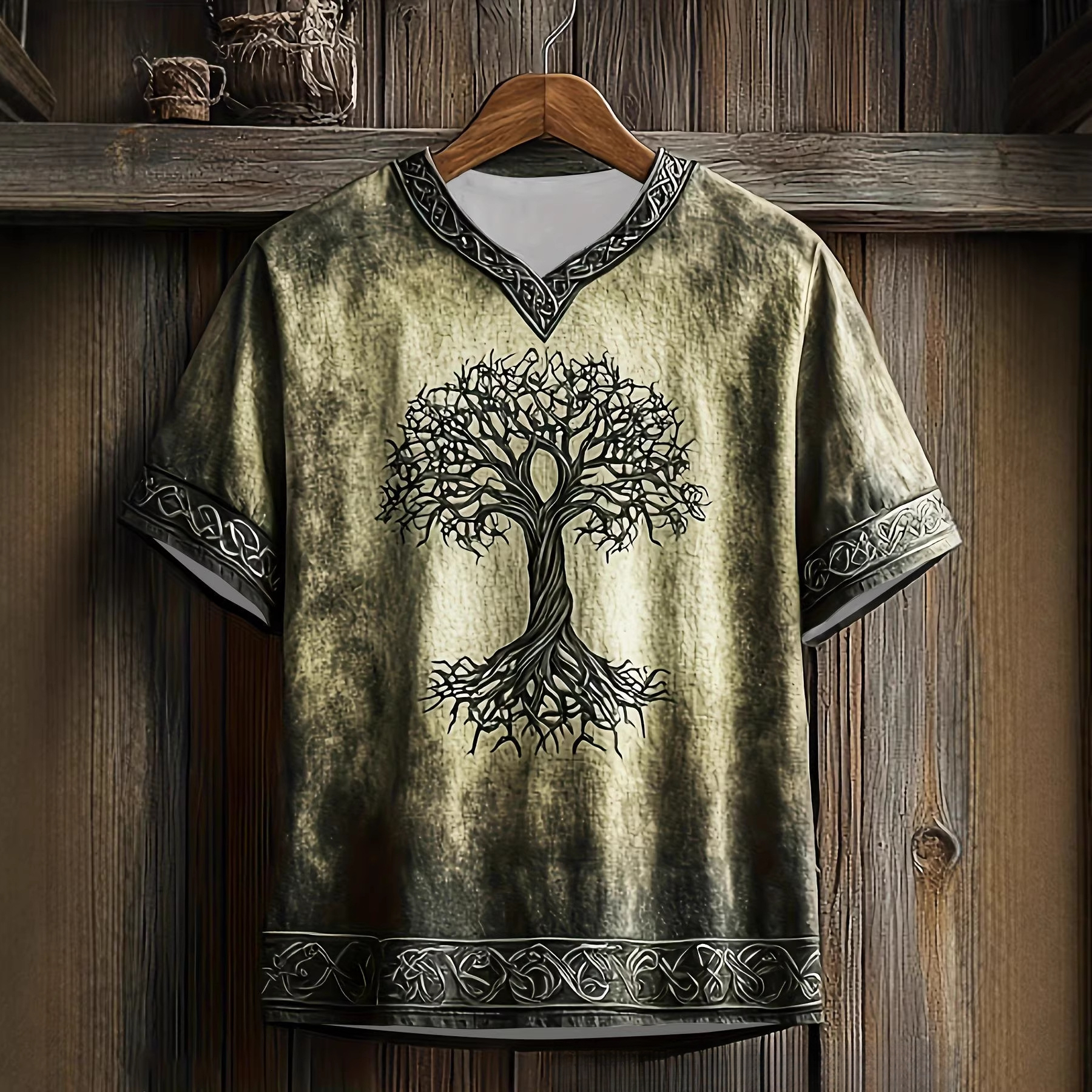 Navy Blue Linen Patchwork Tree Of Life Celtic Embroidery V-Neck Short Sleeve Men's Vintage Casual Shirt - view 3