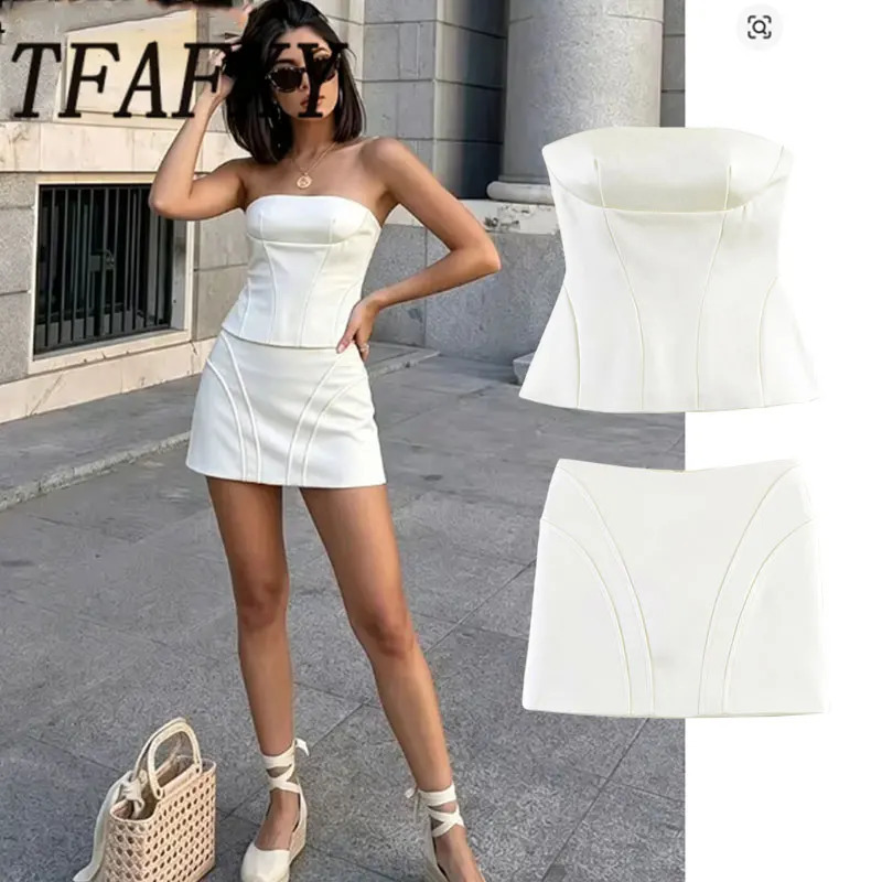 TFAFXY 2026 Summer Woman Satin Mini Skirts Sets For Women Corset Tops Two Piece Set Womens Suits 260626