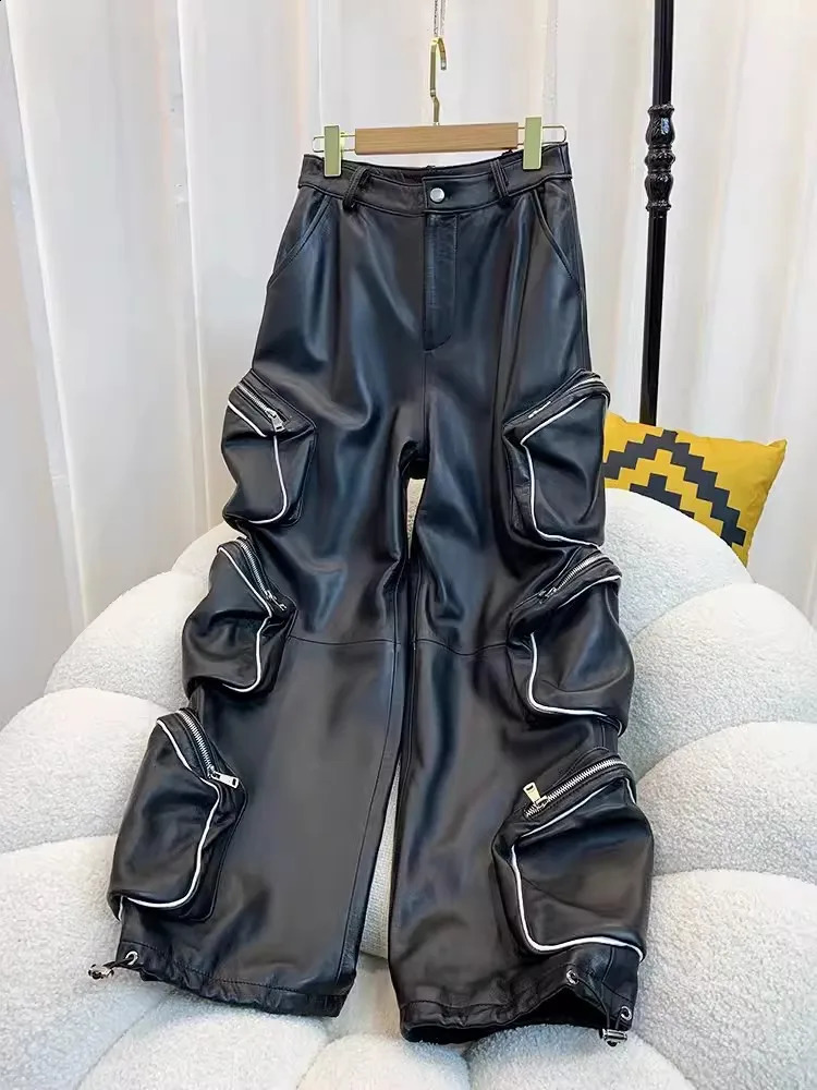 Fashion Women Multi Pocket Sheepskin Genuine Leather Cargo Pants Adjustable Jogger Harem Hop Hip Casual Ankle Length 260625 - view 7