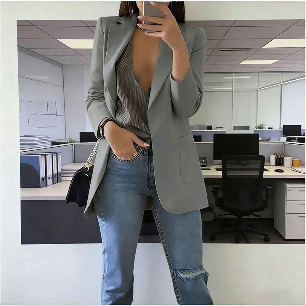 2026 Elegant jacket Womens Suit Single office Casual British Professional Buttonless suit collar pocket simple coat top 260625 - view 7