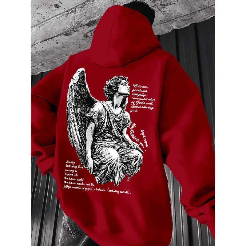 Men's Fashion Angel Print Street Retro Hooded Sweatshirt, Long-sleeved pullover shirt, Slightly elastic, W260626 - view 6