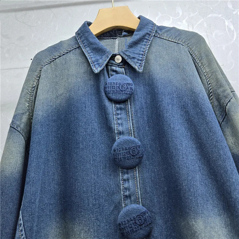 SuperAen European and American Autumn and Winter Polo Collar Long-sleeved Large-button n Contrast Color Loose Denim Shirts 260626 - view 4