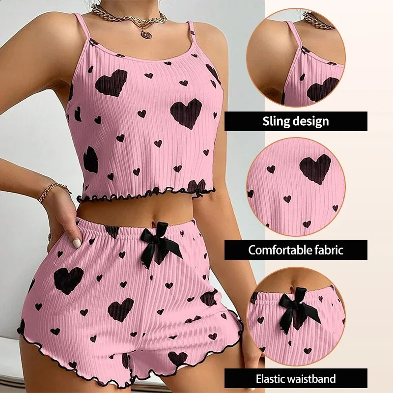 Womens Pajamas Set Sleepwear 2 PCS Short Tank Tops And Shorts S M L White Ventilate Soft Casual Love Printing 260625 - view 4