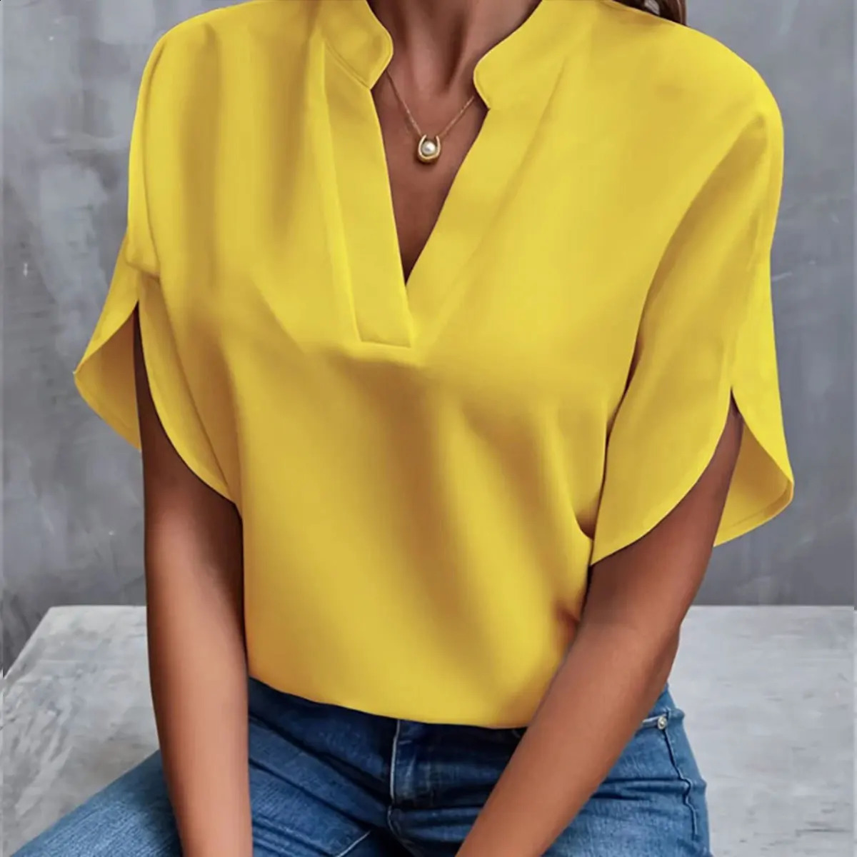 Women Elegant Solid V Neck Blouse Casual Short Sleeve Loose Shirt Summer Tops Harajuku Office Ladt Chiffon 2026 260626 - view 3