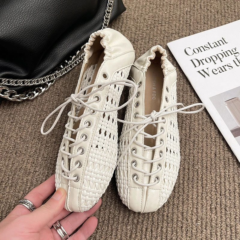 2026 Summer Breathable Hollow Out Weave Women Ballet Flats Fashion Mary Jane Shoes Soft Soles Walking Loafers Casual Girls 260626 - view 4