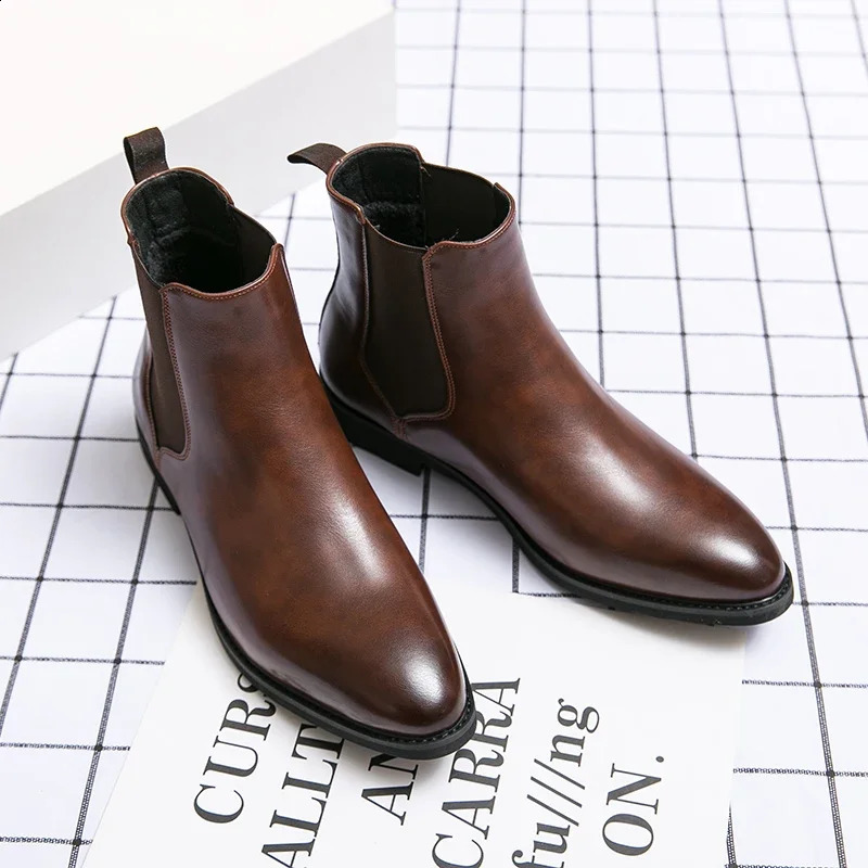 Chelsea Boots Men Shoes PU Brown Fashion Versatile Business Casual British Style Street Party Wear Classic Ankle Boots 260626 - view 7
