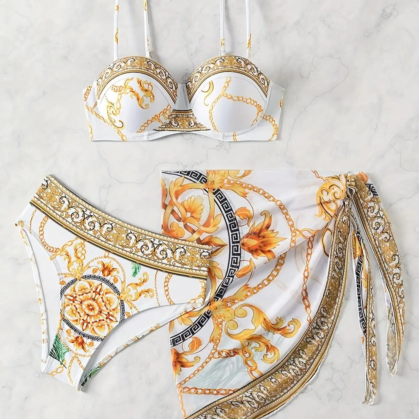 Summer Beach Vacation Chain Print Wrap Dress Bikini Swimwear ThreePiece Set for Women 260626 - view 4