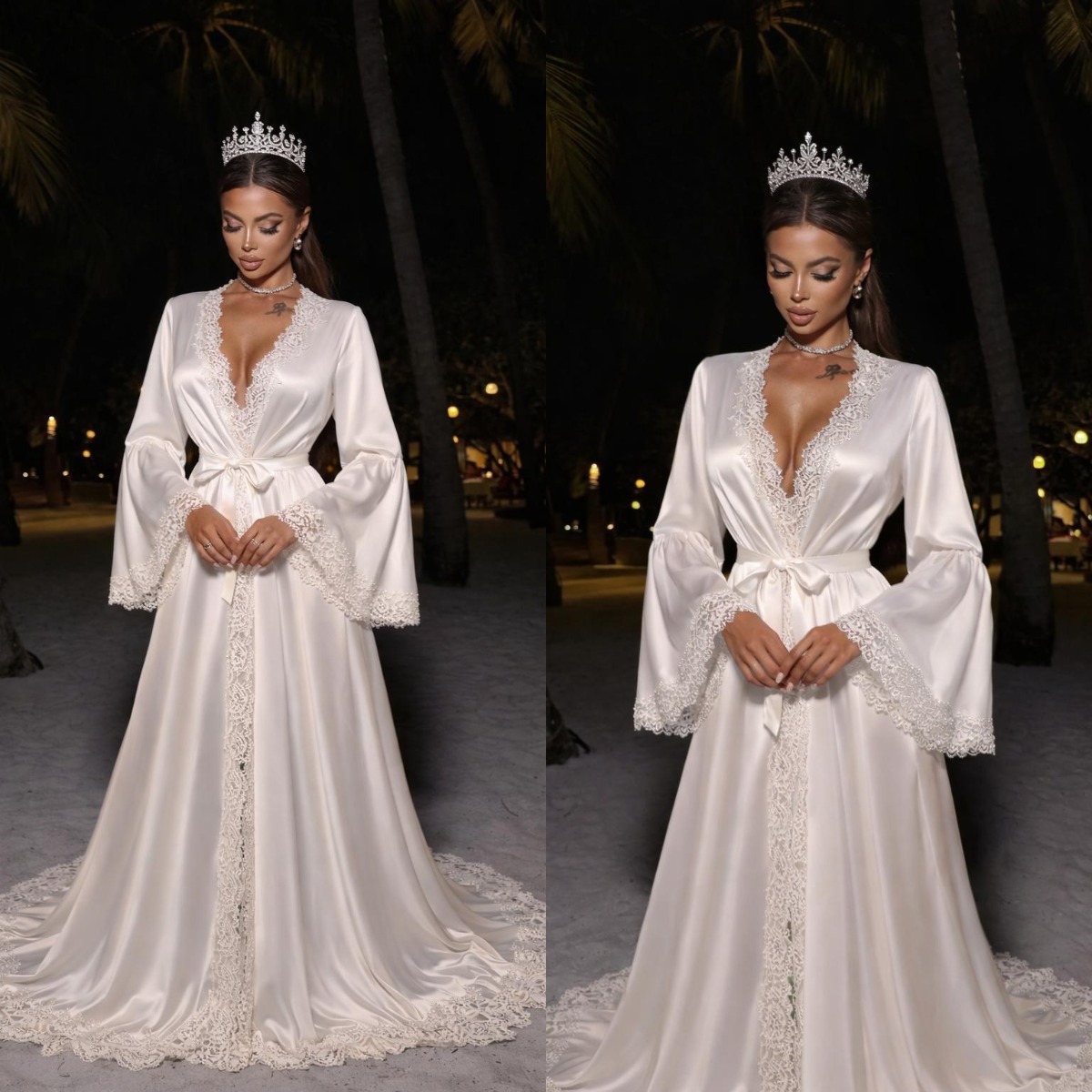 Graceful Silk Robe Dress Lace Bath Gown Long Sleeves Pregnant Wedding Anniversary Bride Sleepwear Nightwear Custom Made