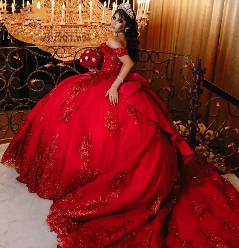 Bright red off-shoulder short-sleeve dress with glittering pearl decorations, big bow, and puffed tail Quinceanera dress - view 5