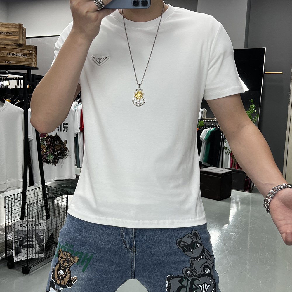 Summer New Style Men's Short-Sleeve T-Shirt With Triangular Logo, Round Neck, Slim Fit, Mercerized Cotton, Fashionable And Simple Half-Sleeve Tee - view 6