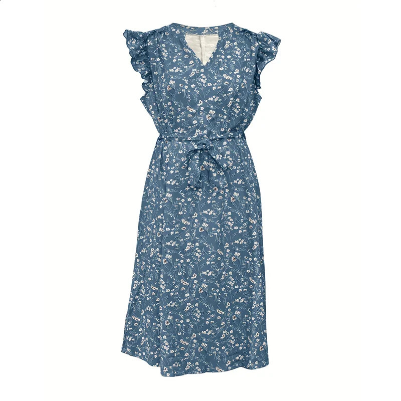 Elegant PlusSize Womens VNeck Sleeveless Floral Print Dress with Ruffle Pockets Belt Decoration Casual Summer 260613 - view 7