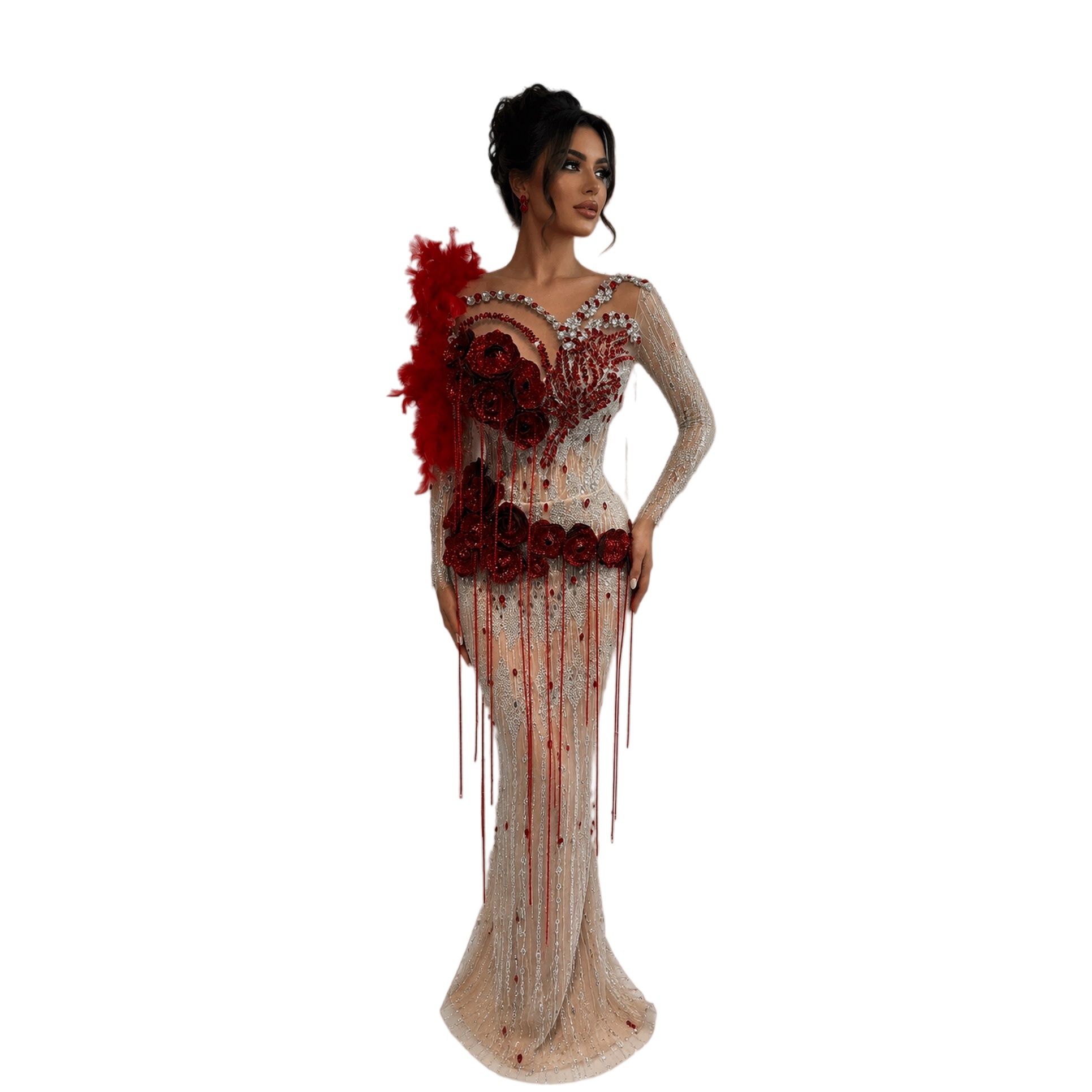 Aso Ebi Burgundy Mermaid Prom Dress 2026 Evening Dress Flowers Feather Beaded Crystals Birthday Formal Women Pageant Party Gowns Long Dinner Dresses Z - view 4