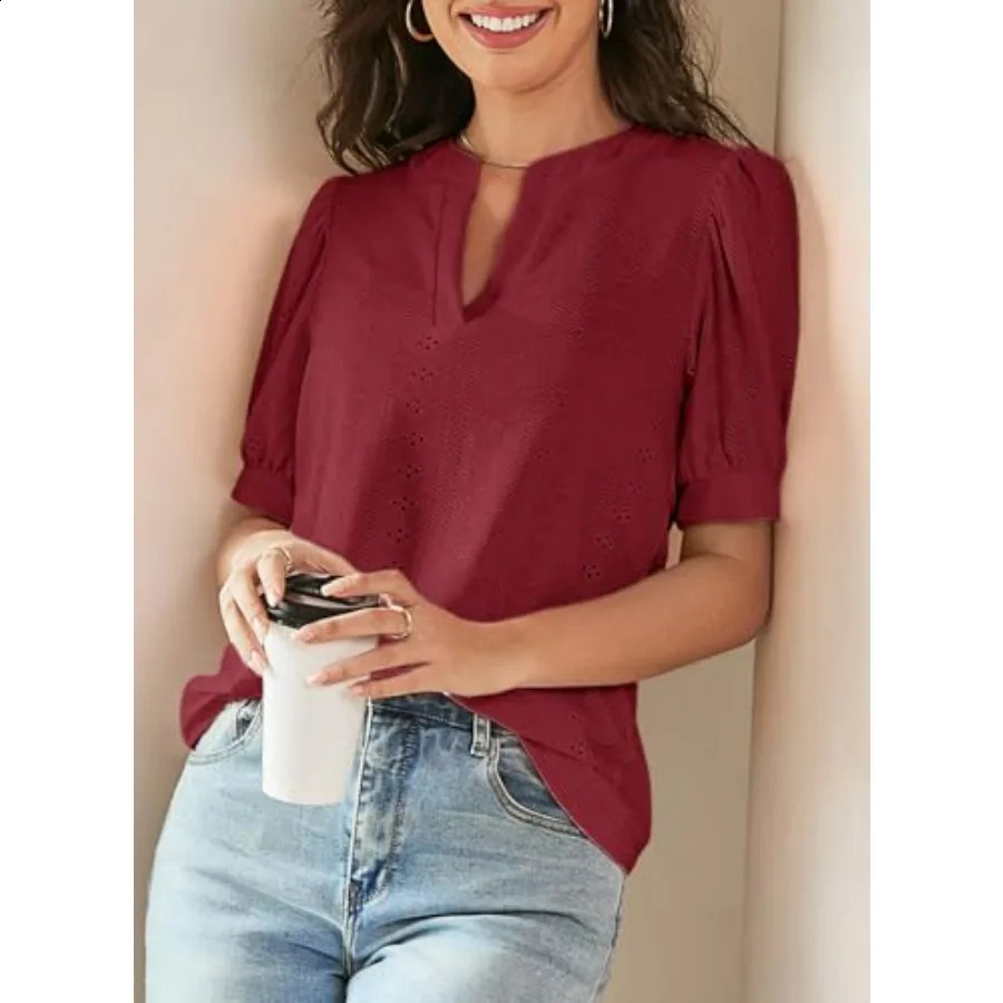 Dokotoo Womens Summer Business Casual Blouses V Neck Short Sleeve Shirts Eyelet Cute Lace Tops 260626 - view 7