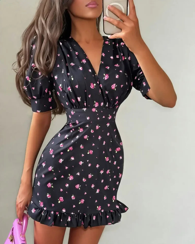 Women Rose Floral Print Mini Dress Fashion Vneck Puff Sleeve Waistband Ruffle Hem Casual Dresses 2026 Summer Lady Holiday Gowns 260625 - view 7