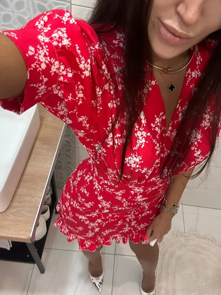 Women Rose Floral Print Mini Dress Fashion Vneck Puff Sleeve Waistband Ruffle Hem Casual Dresses 2026 Summer Lady Holiday Gowns 260625