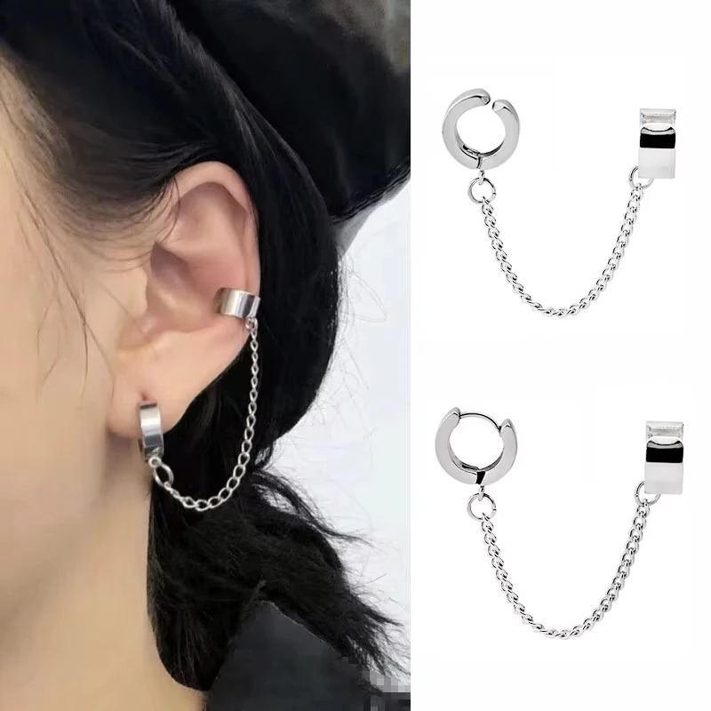 1pc Clip Earrings with Chain Stainless Steel for Women Men Punk Tassel Hoop Ear Cuffs Painless Non Piercing Earring Jewelry 260623