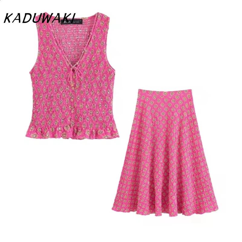 KADUWAKI Y2k Printed Maxi Skirts Set Sleeveless LaceUp Tank Tops High Waist Baggy Boho Summer Beach Vacation 2piece 260625
