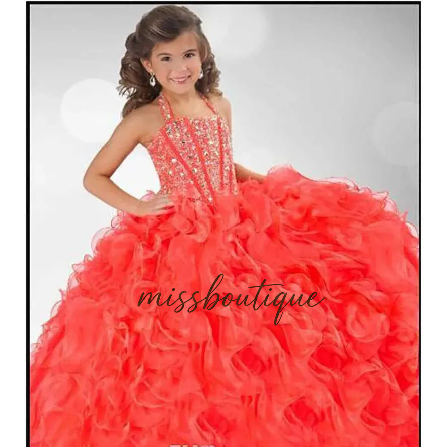 Halter Coral Pagent Grils Ball Gown Organza Crystal Beaded Little Dresses Sparkly Wer Girl's Dress Custom Made Q626