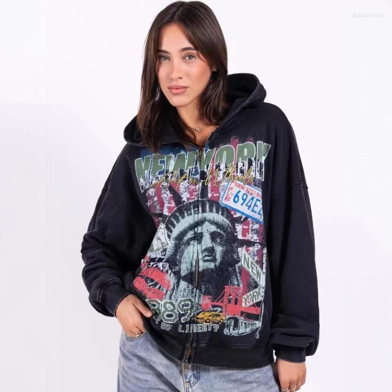 Women's Hoodies American Trendy High Street Retro Washed Vintage Printed Zip-Up Hoodie Loose Long-Sleeve Cardigan Sweatshirt