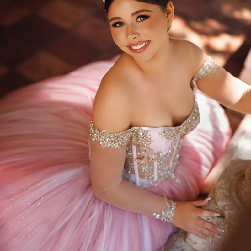 Mauve off-shoulder gown with heavy fishbone beaded lace hem and gradient full skirt Quinceanera semi-luxury dress - view 5